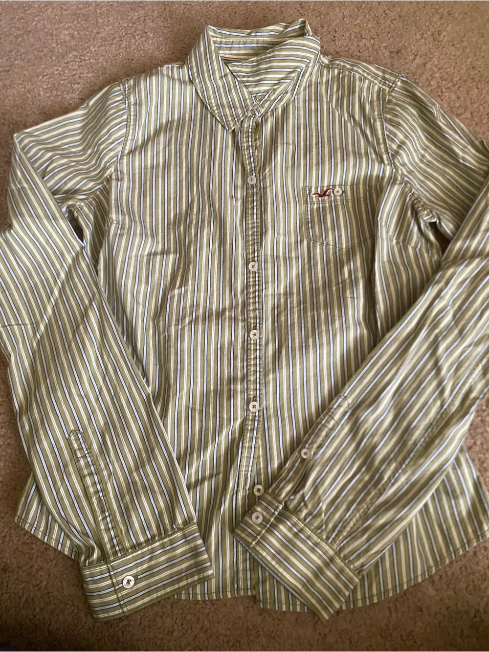 Hollister Long Sleeve Striped Button Down Stretch Shirt - Green Women's Large